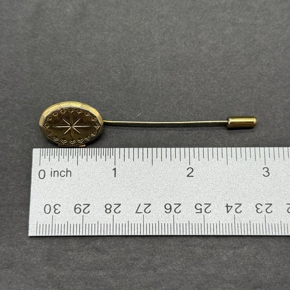 Vintage Gold Tone Oval Locket Stick Pin Etched Starburst Celestial Lapel Hat Pin - Picture 8 of 8